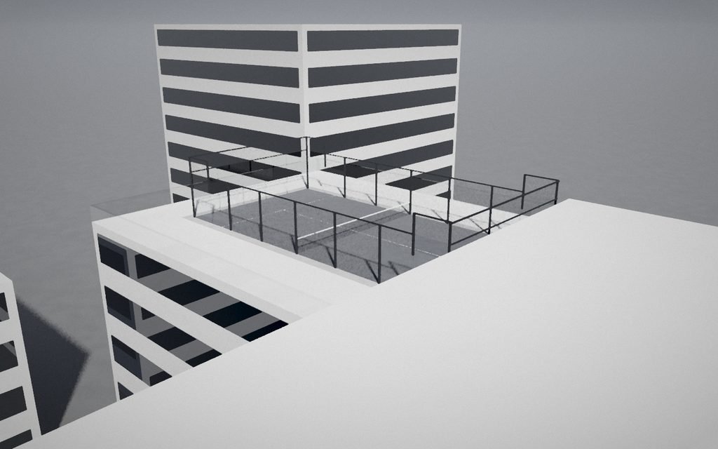 Imagen ilustrativa: pista de pádel en la azotea de un edificio, rodeada de otros edificios
