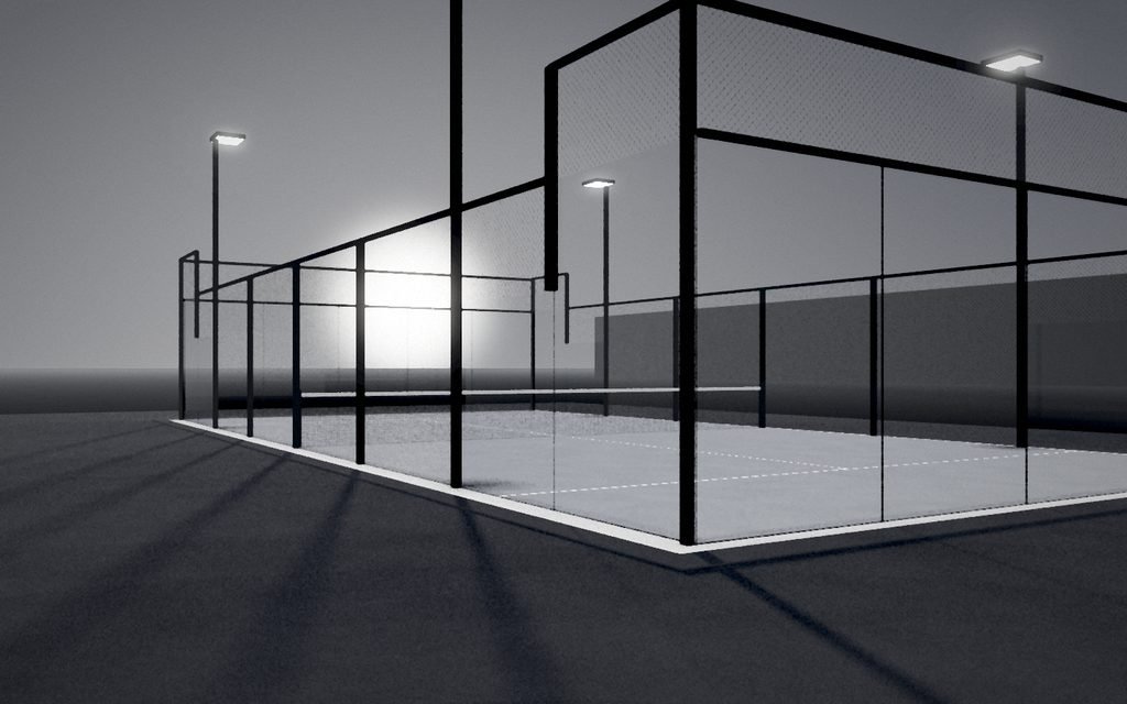 Imagen ilustrativa: pista de pádel exterior con iluminación LED encendida al anochecer