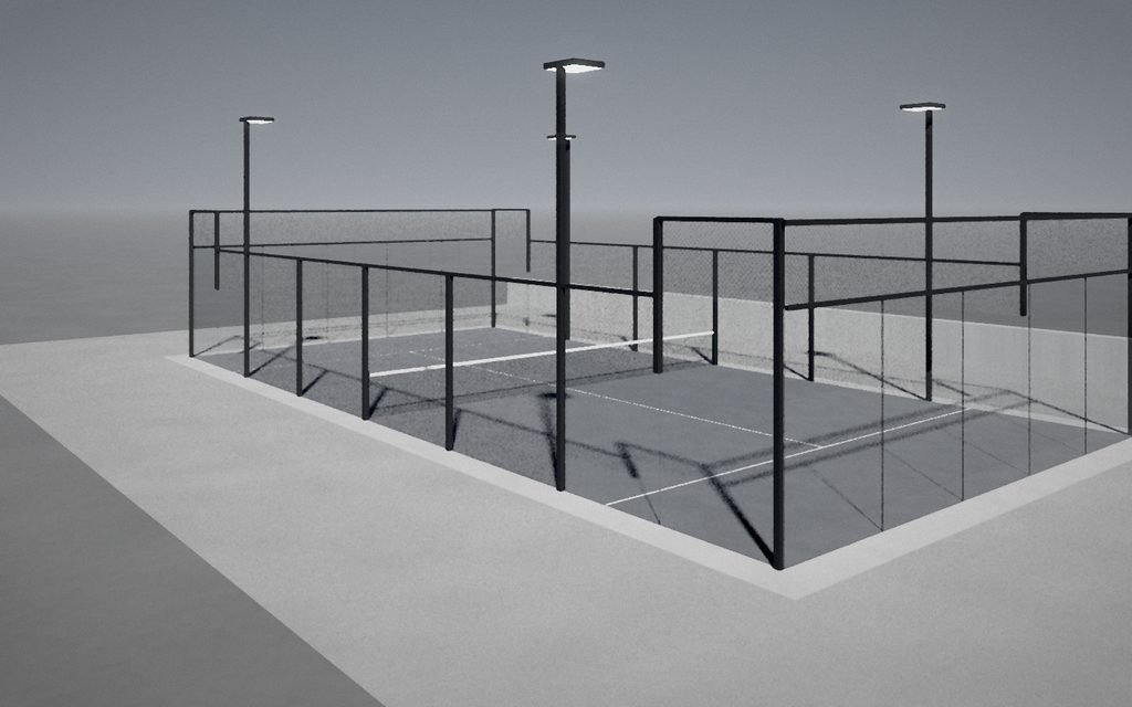 Imagen ilustrativa: pista de pádel panorámica exterior sobre una plataforma de piedra, con focos LED