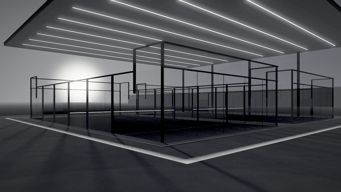 Imagen ilustrativa: dos pistas de pádel panorámicas bajo una cubierta ligera de acero, iluminadas al anochecer
