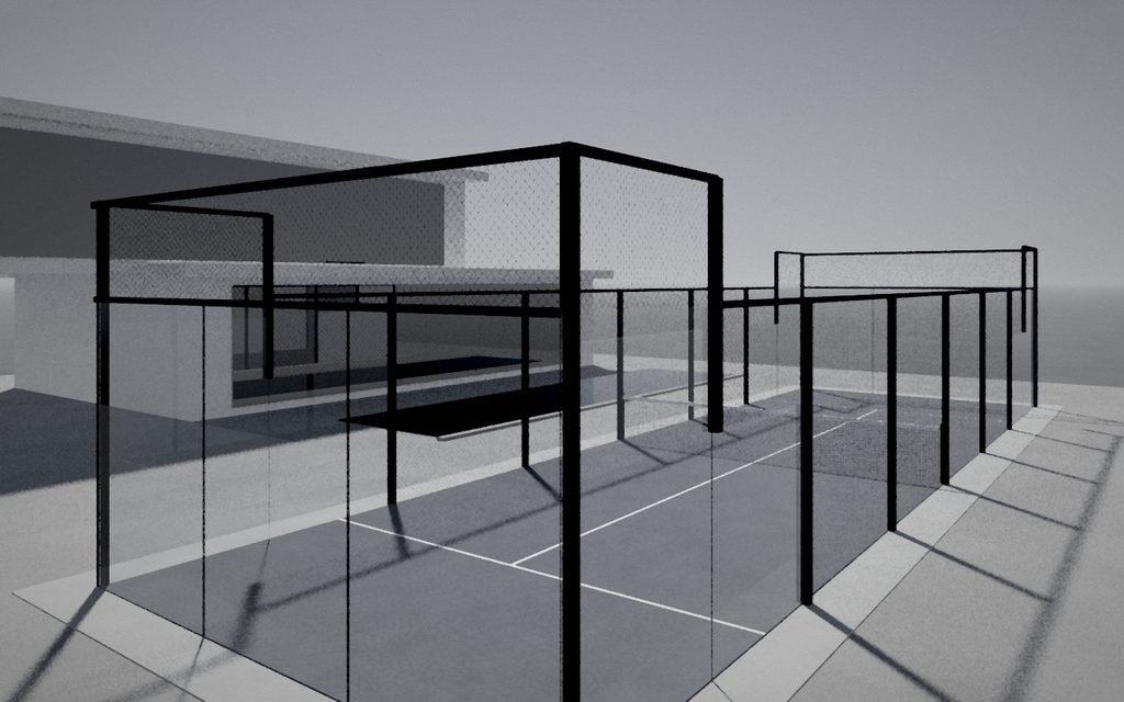 Imagen ilustrativa: pista de pádel individual junto a una vivienda contemporánea con piscina